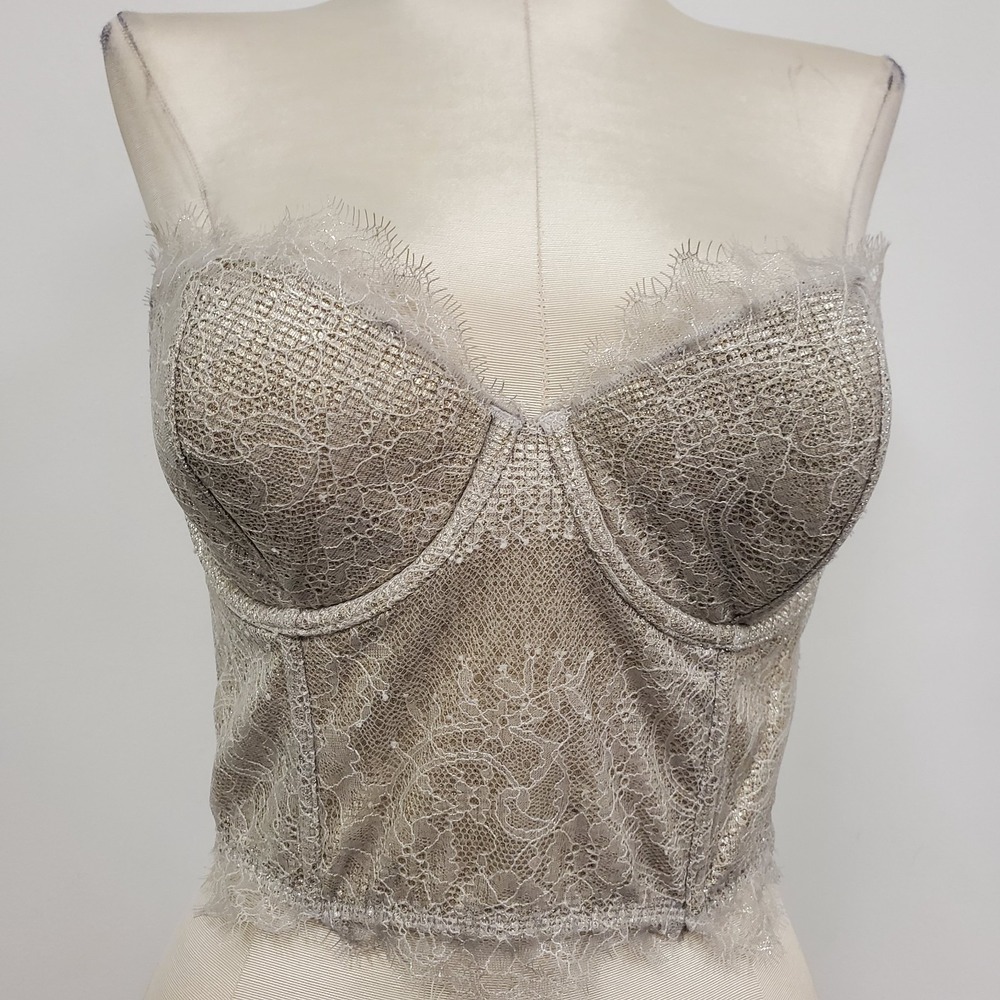 Victoria Secret Womens Gold Metallic Lace Underwired Corset Size 32B Coquette